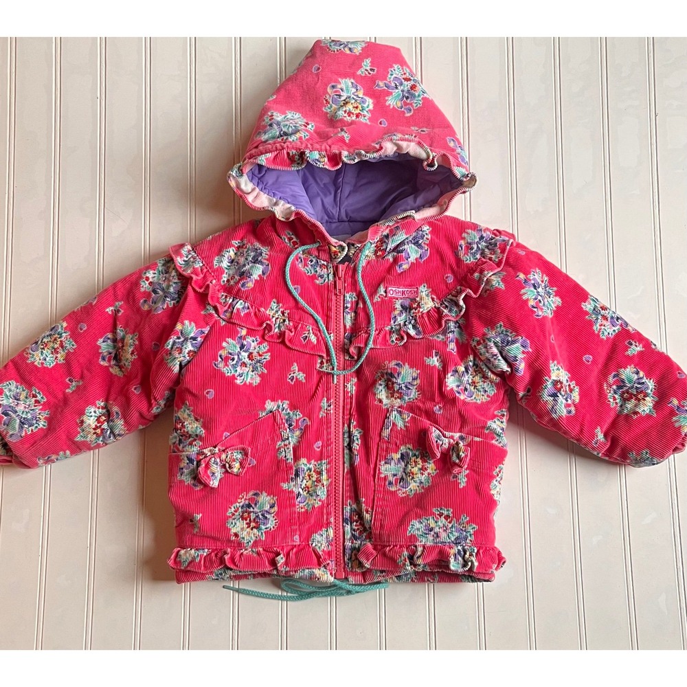 Vintage OshKosh Pink Floral Corduroy Puffer Jacket Toddler Cottagecore